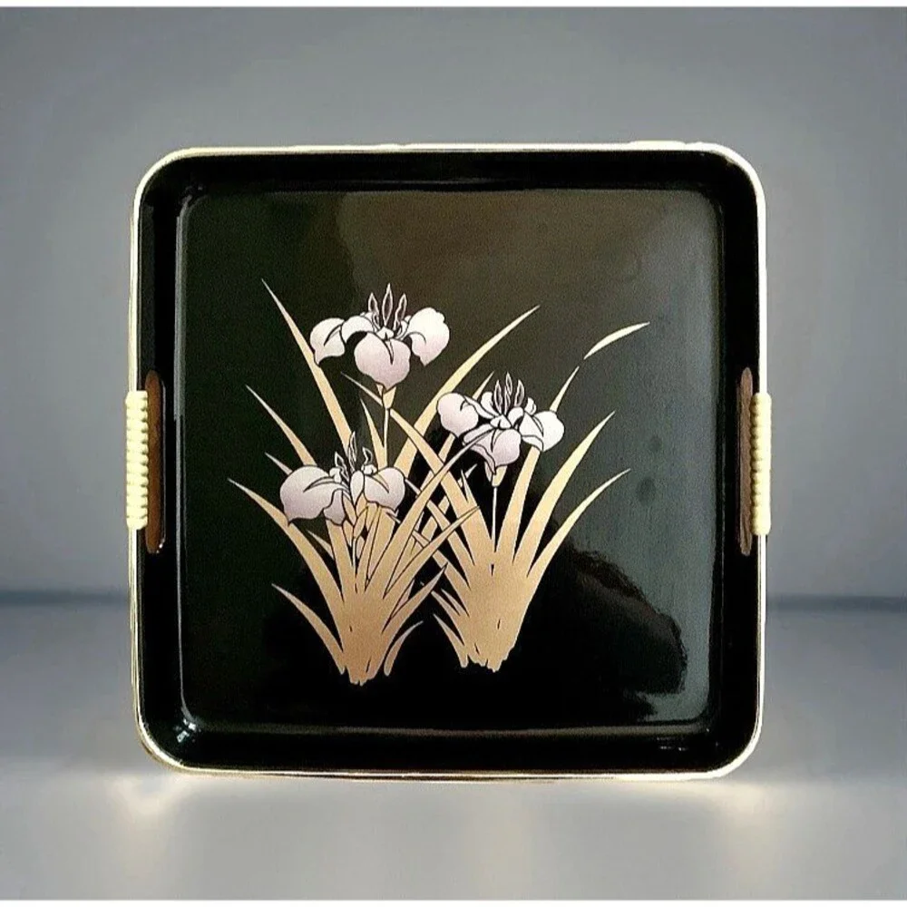 VINTAGE JAPANESE LACQUER SQUARE SERVING TRAY BLACK GOLD IRIS FLOWER WICKER